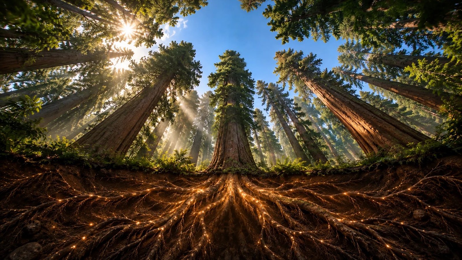 Sunlight breaking through a grove of tall trees